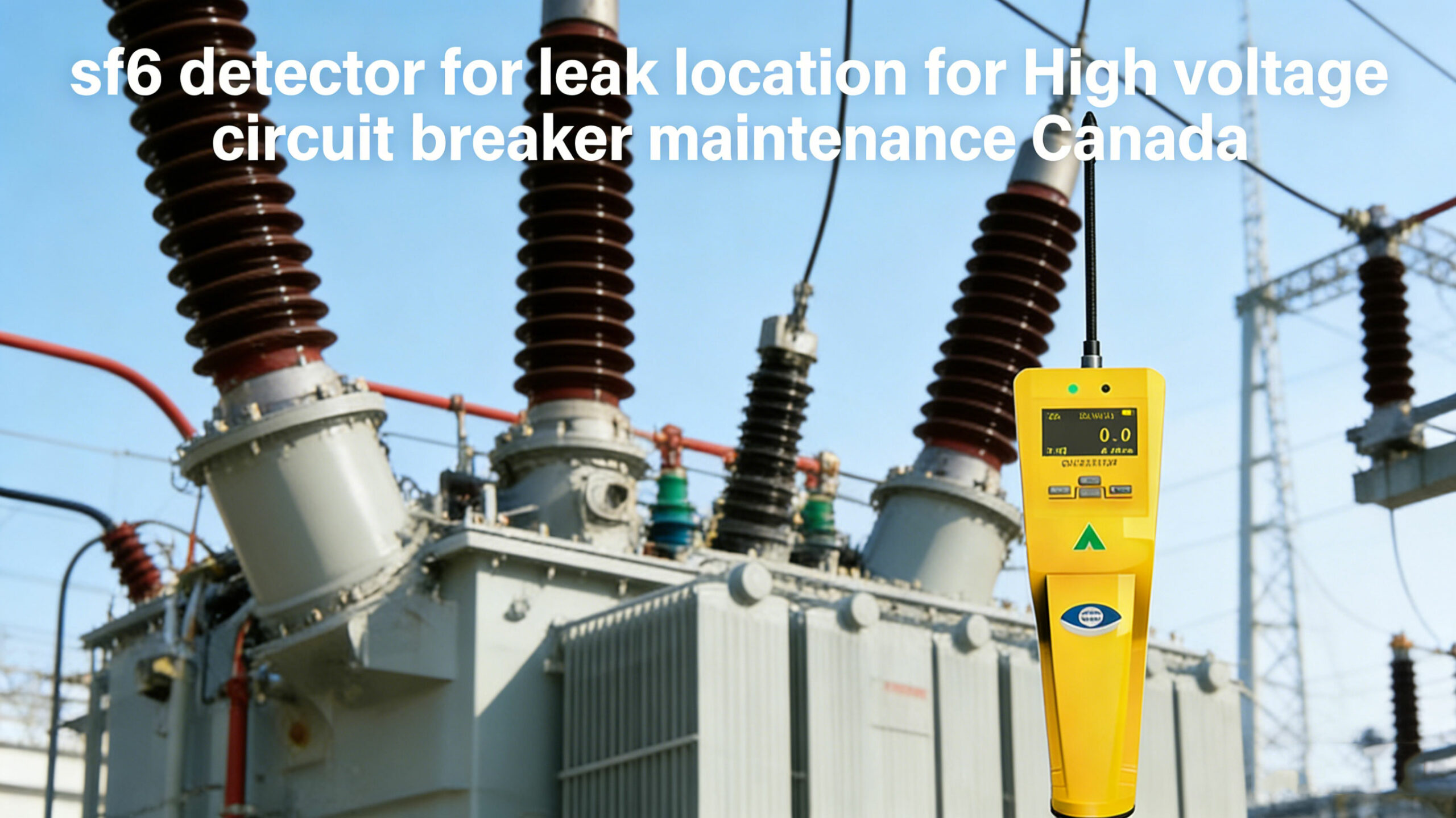 Handheld SF6 detector locating leaks on a high voltage circuit breaker in Canada.