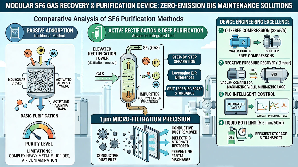 SF6 gas recovery and purification device provides a true Zero-emission GIS maintenance solution.