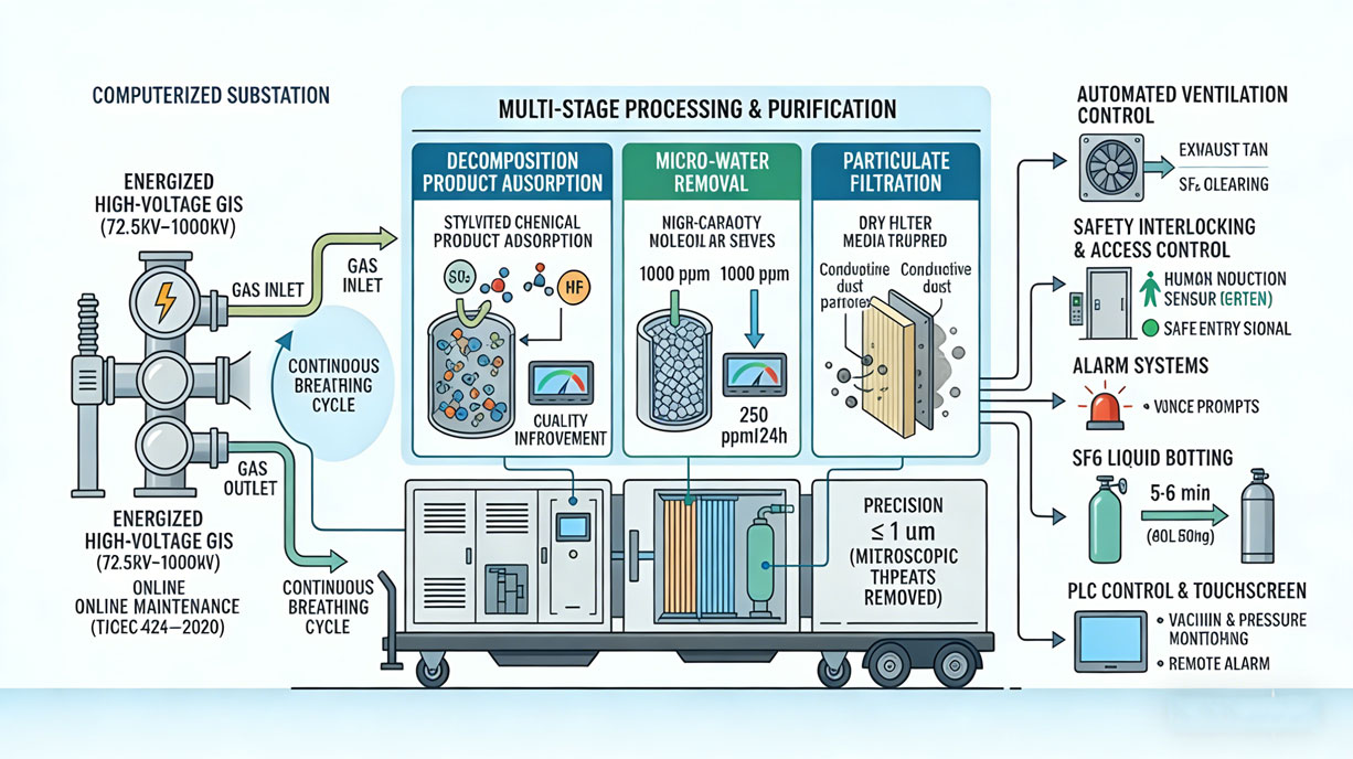 Maximize grid reliability with our modular SF6 gas processing plant for substations. Features 1um filtration, oil-free compression, and negative pressure recovery.