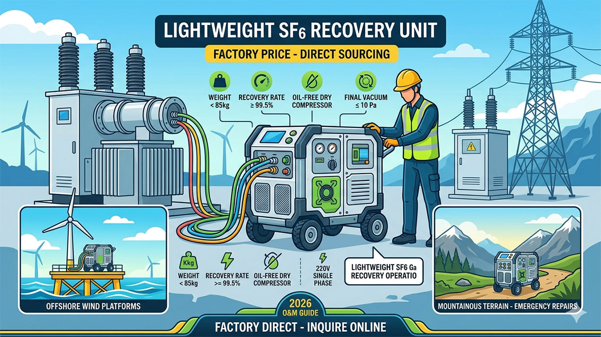 Get a lightweight SF6 recovery unit for remote substations at a factory price. 100% oil-free, 99.5% recovery, and 2026-ready for wind and solar O&M.
