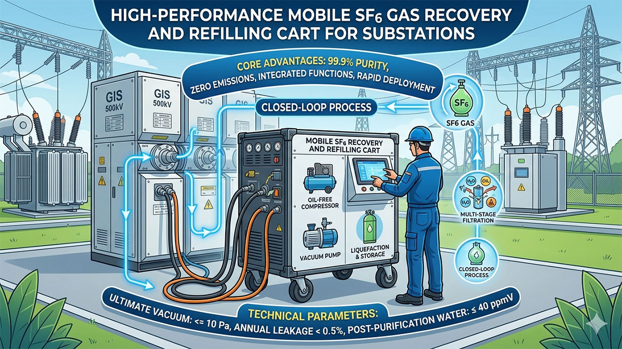Mobile SF6 gas recovery and refilling cart for substations