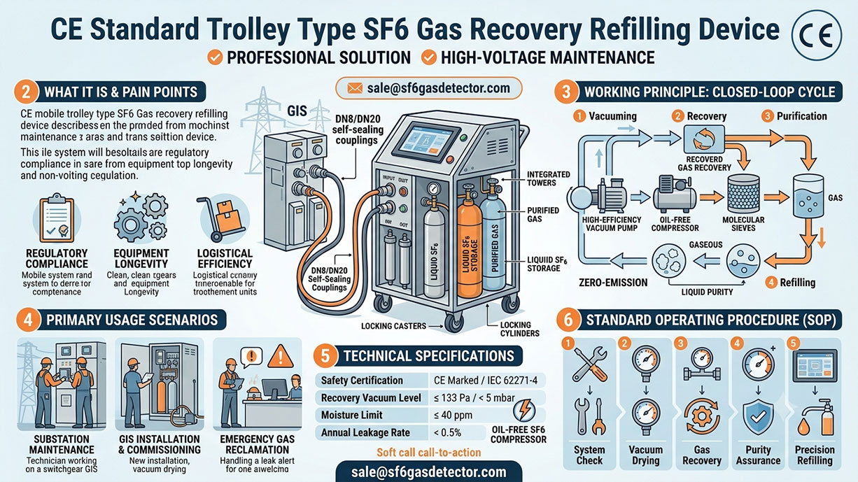 CE standard trolley type SF6 gas recovery refilling device