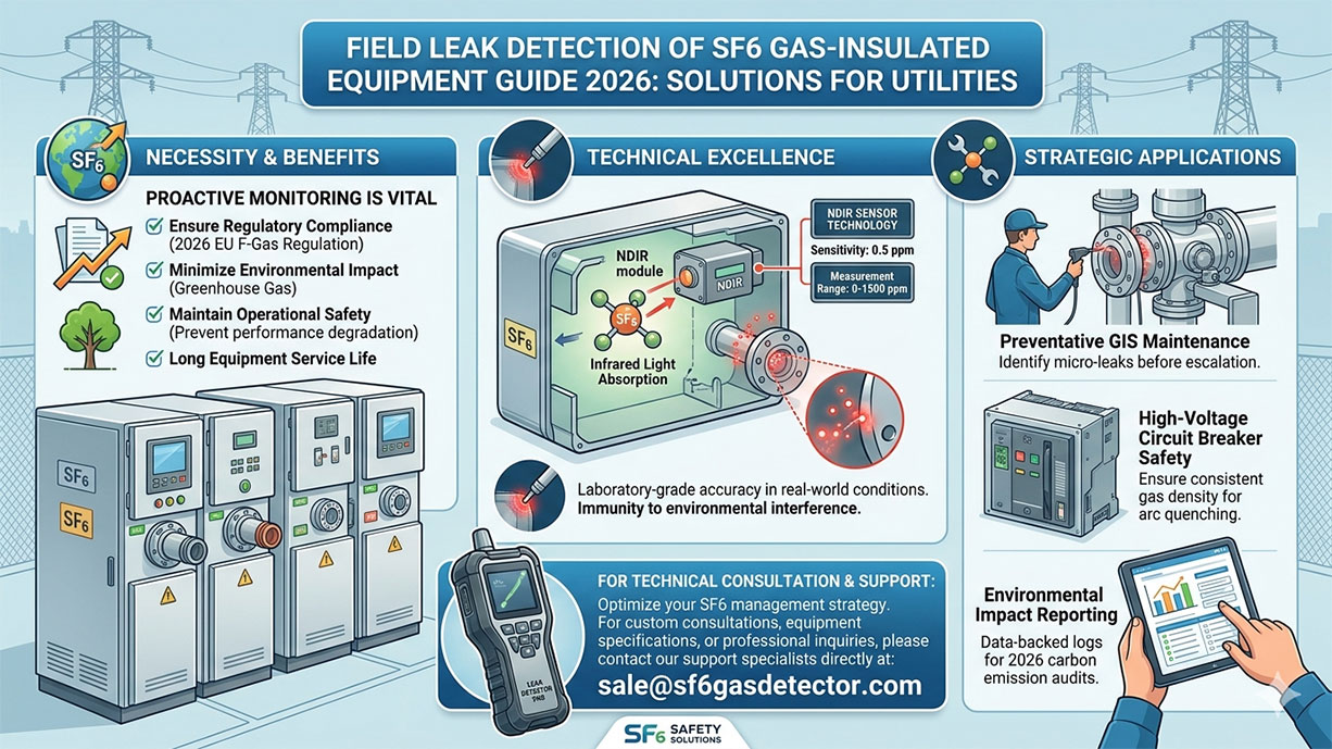 Master field leak detection of SF6 gas-insulated equipment with our 2026 guide. Learn about NDIR technology, regulatory compliance, and GIS maintenance strategies to prevent leaks.