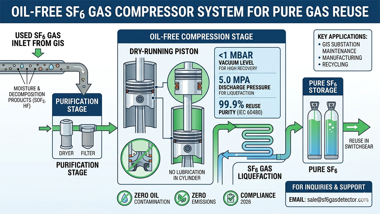 Oil-free SF6 gas compressor systems for pure gas reuse