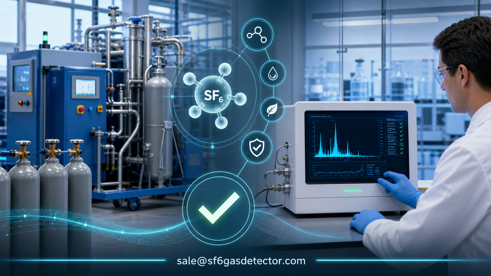 Technician using SF6 gas analyzer for gas purity tests after SF6 gas recovery to ensure safe SF6 reuse