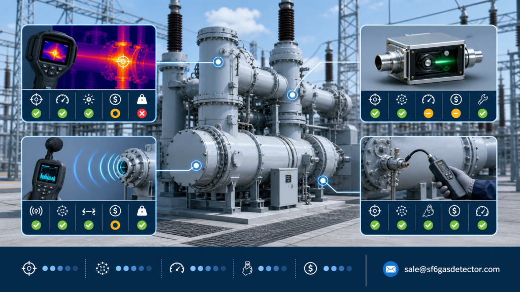 Comparison of IR, NDIR, ultrasonic, and sniffer SF6 leak detection methods for GIS substations