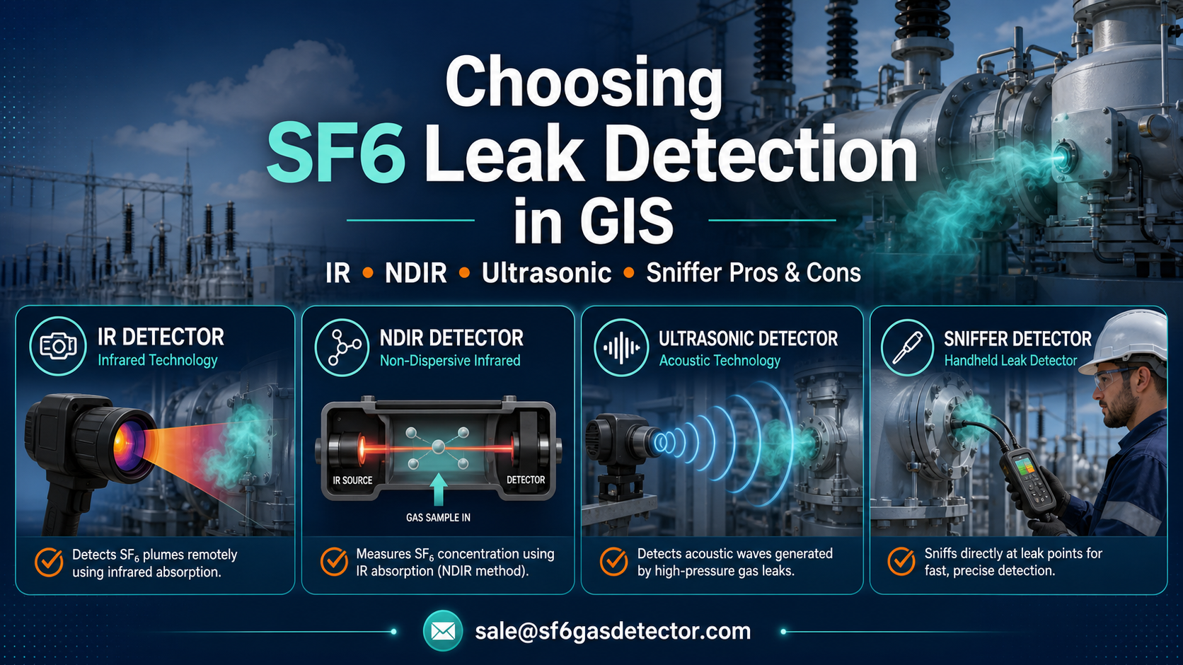 Comparison of IR, NDIR, ultrasonic, and sniffer methods for SF6 leak detection in GIS substations