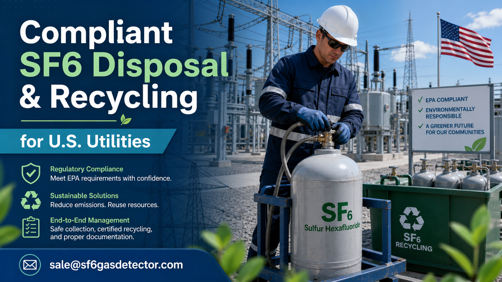Technician handling SF6 disposal and recycling service for electrical utilities in USA safely