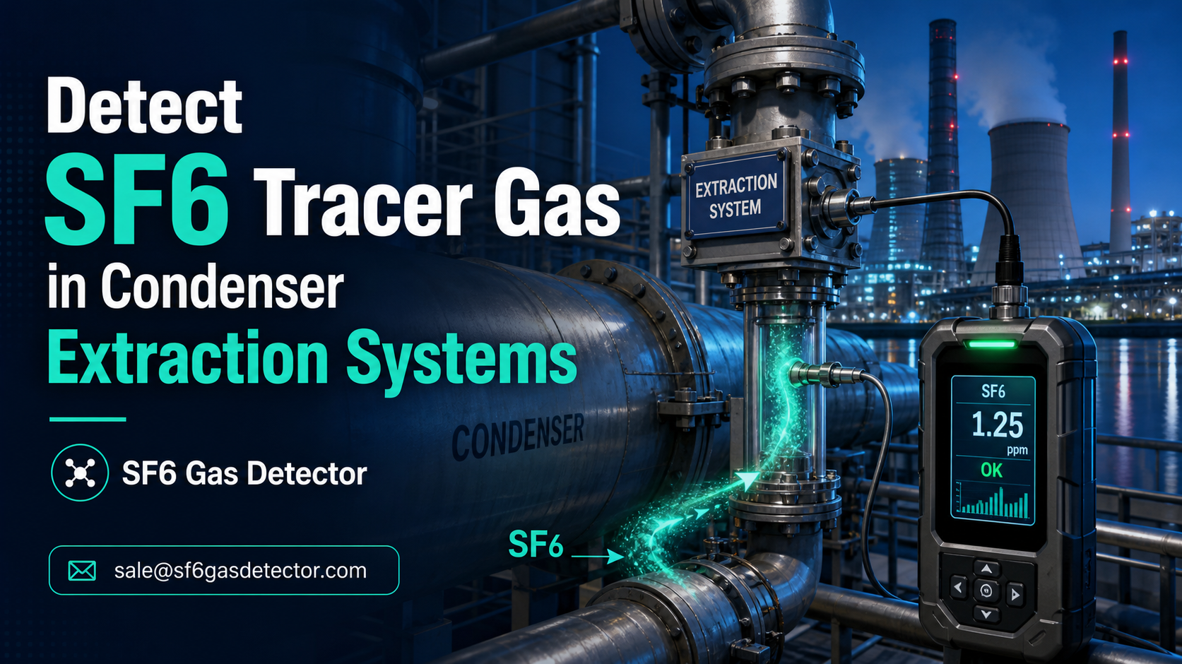 SF6 gas detector used to detect tracer gas leaks in condenser extraction system piping