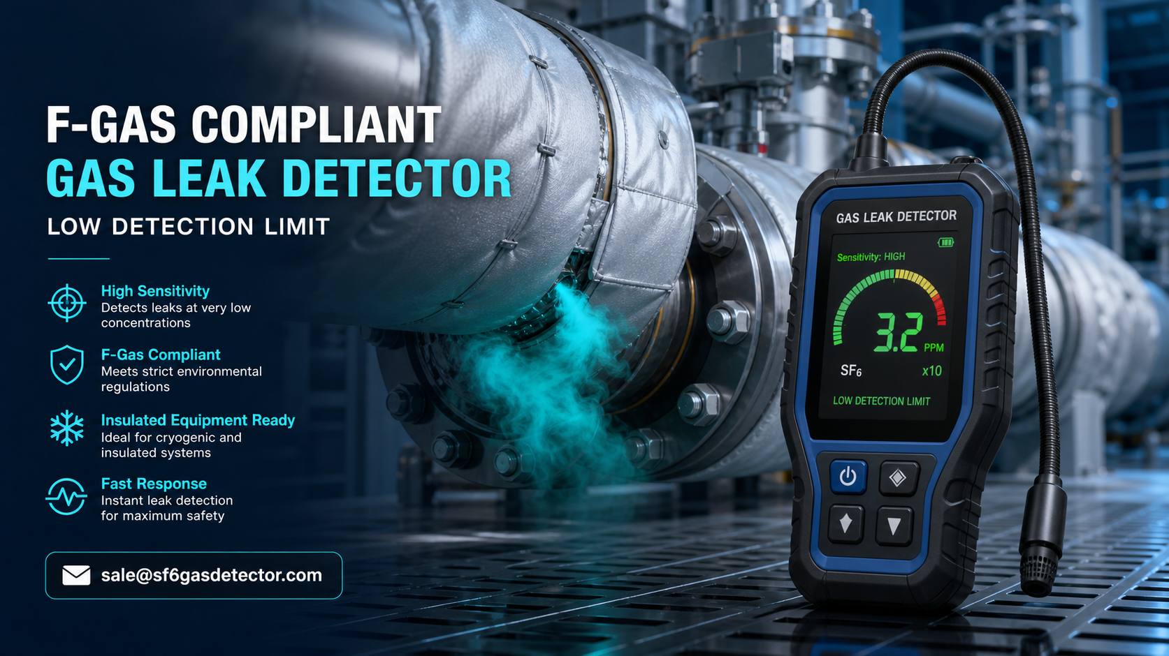 F-Gas compliant insulated gas leak detector with low detection limit for precise gas leakage detection