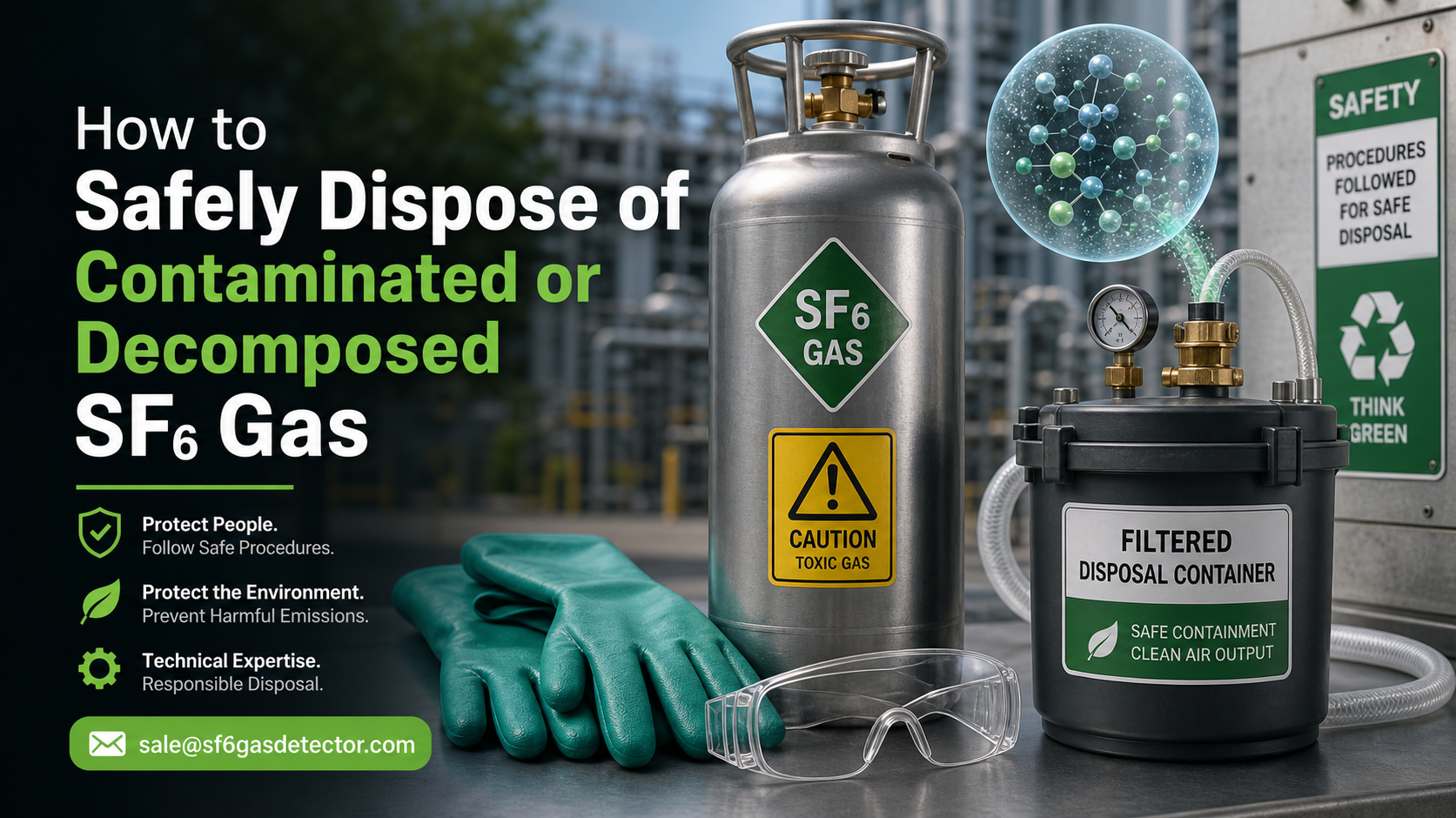 Technician safely disposes of contaminated or decomposed SF6 gas using sealed recovery equipment.