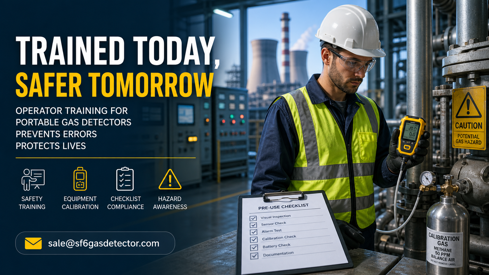 Operators training with portable gas detectors in power plants to prevent safety errors