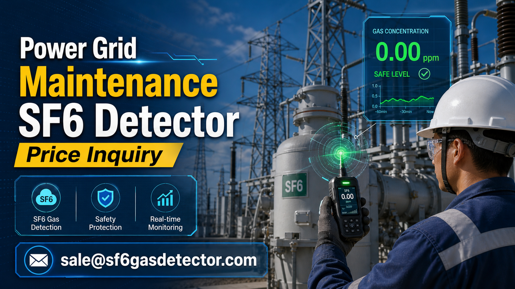Technician inspecting power grid equipment with an SF6 gas detector for a price inquiry