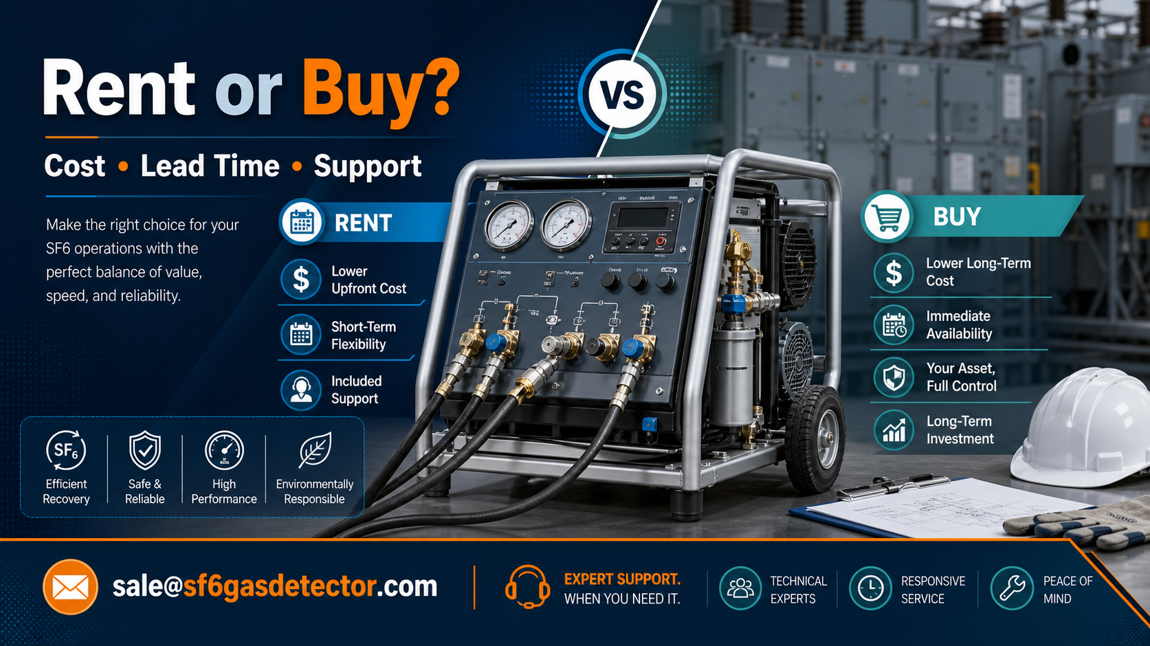 Portable SF6 recovery system with rent vs buy cost, lead time, and support comparison
