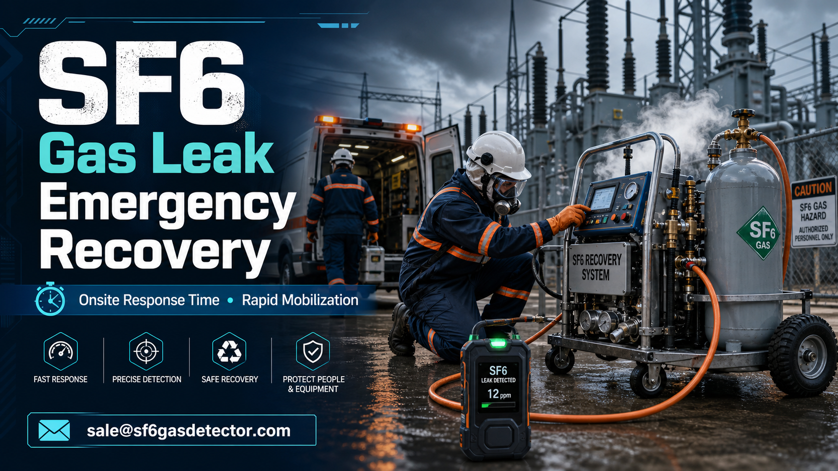 Technician mobilizes SF6 recovery system for emergency gas leak response at an electrical substation