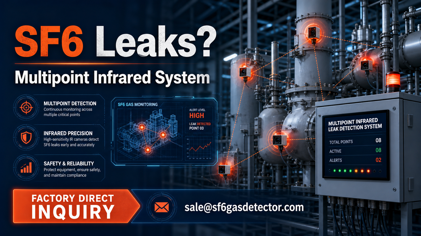 Multipoint infrared SF6 leak detection system monitoring gas leaks in industrial equipment