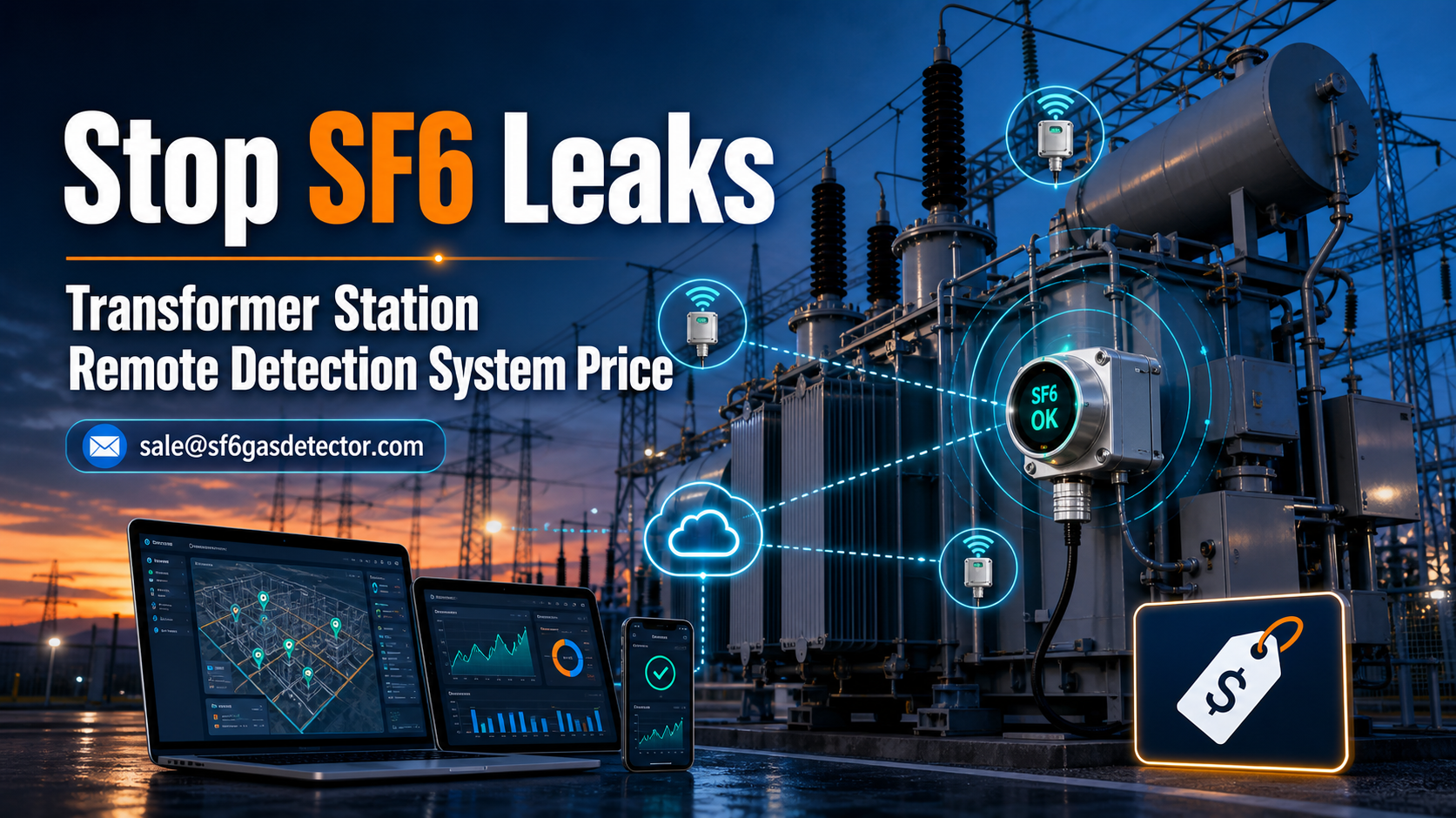 Remote SF6 leak detection system monitoring a transformer station for gas leaks and pricing