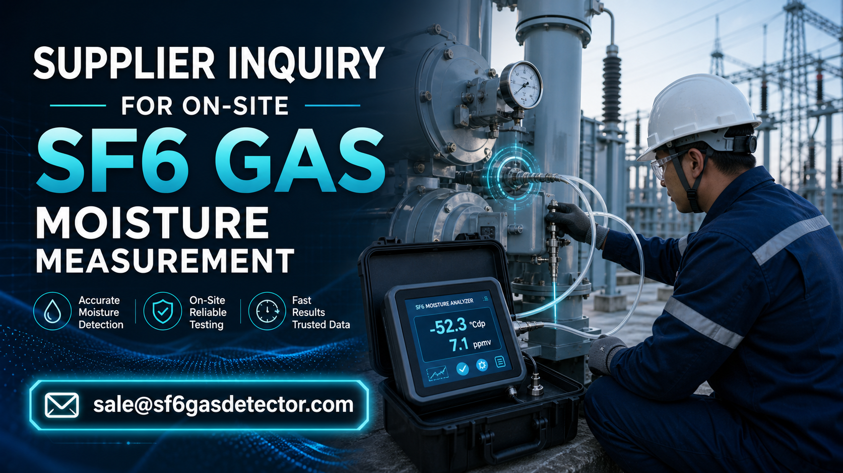 Technician performing on-site SF6 gas moisture measurement for a supplier inquiry.