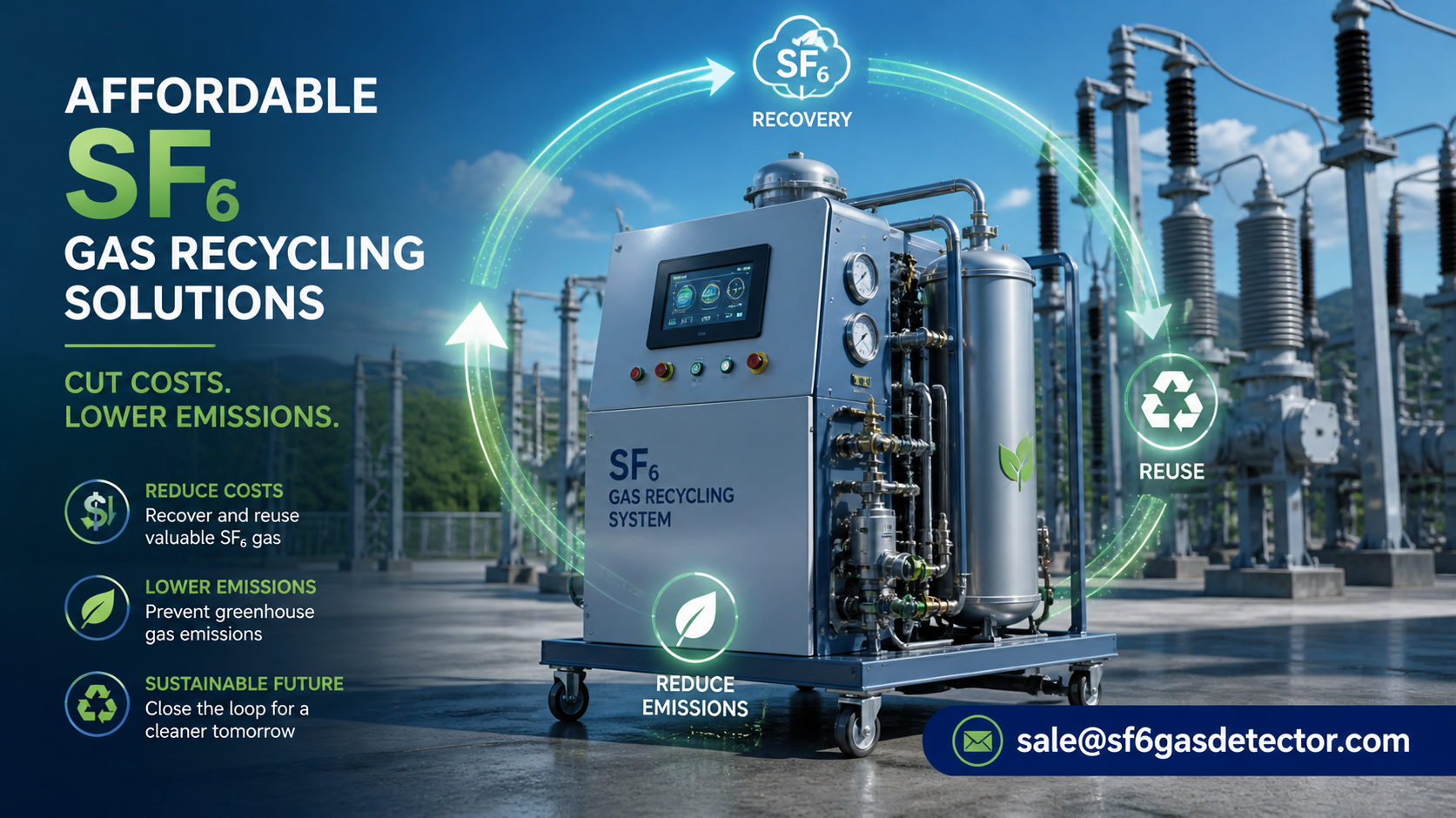 Illustration of SF6 gas recycling equipment reducing costs and emissions in electrical systems