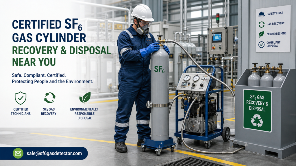 Worker handling a certified SF₆ gas cylinder for recovery and disposal in an industrial facility.