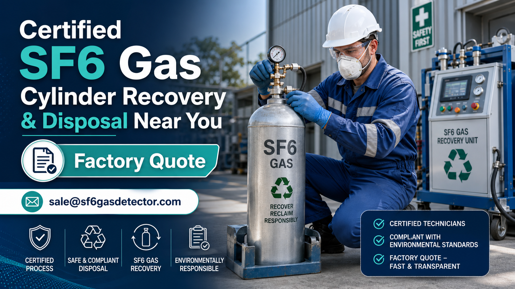 Technician handling SF6 gas cylinder recovery equipment in an industrial facility.