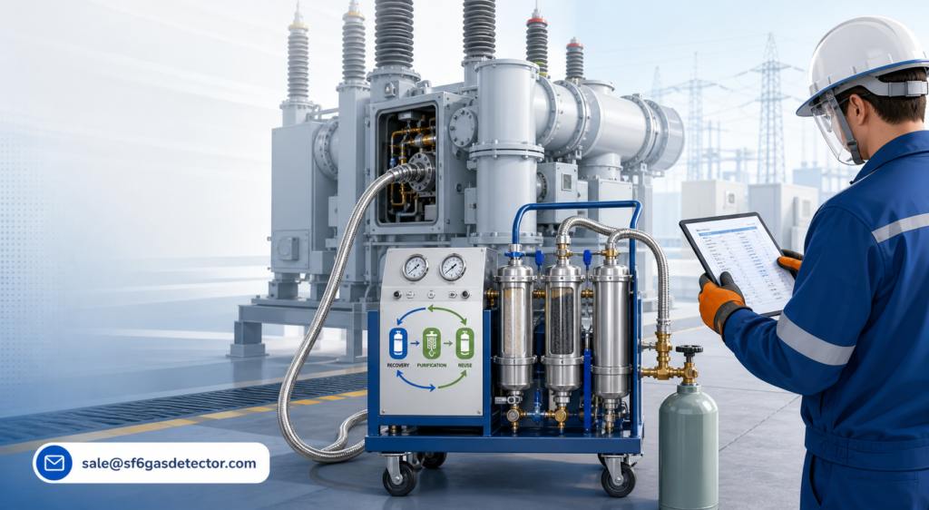 Technician inspecting high-voltage equipment at a modern power substation for SF6 gas reuse maintenance.