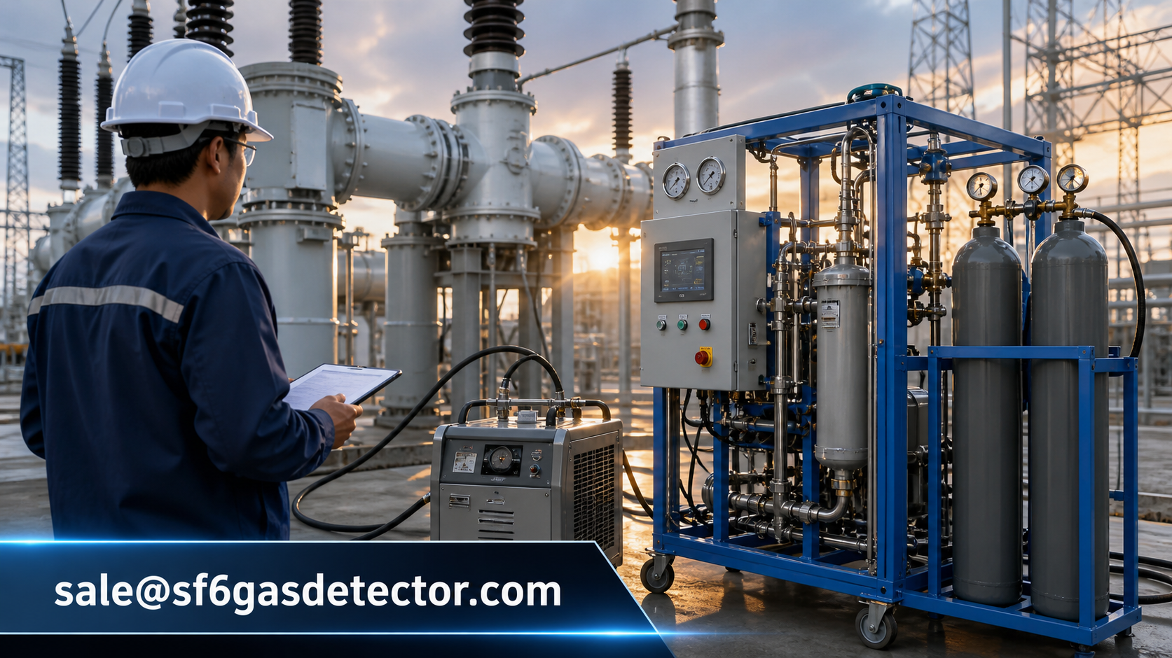 Technician inspects gas detection equipment at a modern industrial processing facility.