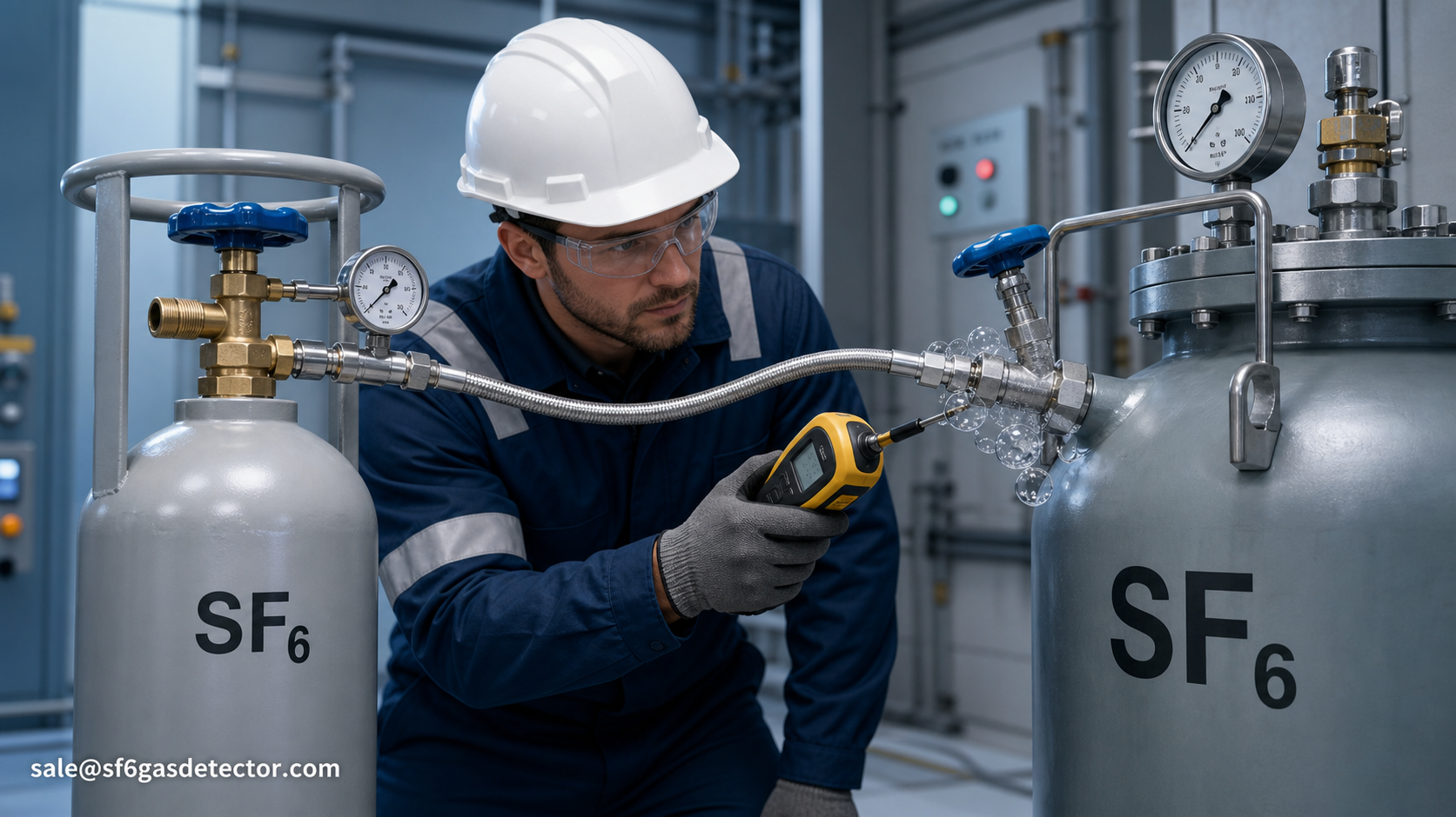 Technician uses a sealed hose to fill an SF6 tank with an SF6 cylinder without leaks.