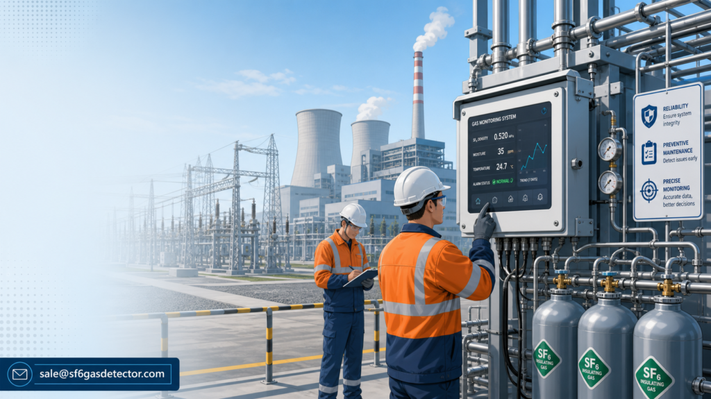 Workers inspect control equipment and gas cylinders during power plant maintenance.