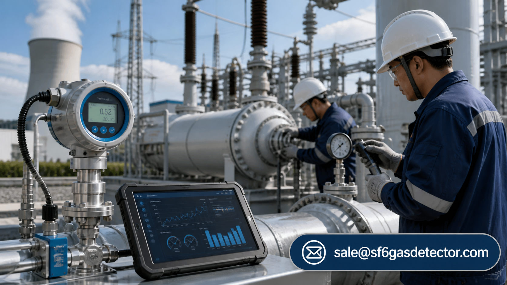 Engineer inspecting high-voltage substation equipment with smart insulating gas monitoring technology