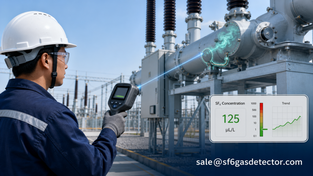 Technician uses handheld SF6 gas detector at high-voltage substation with digital monitoring overlay.