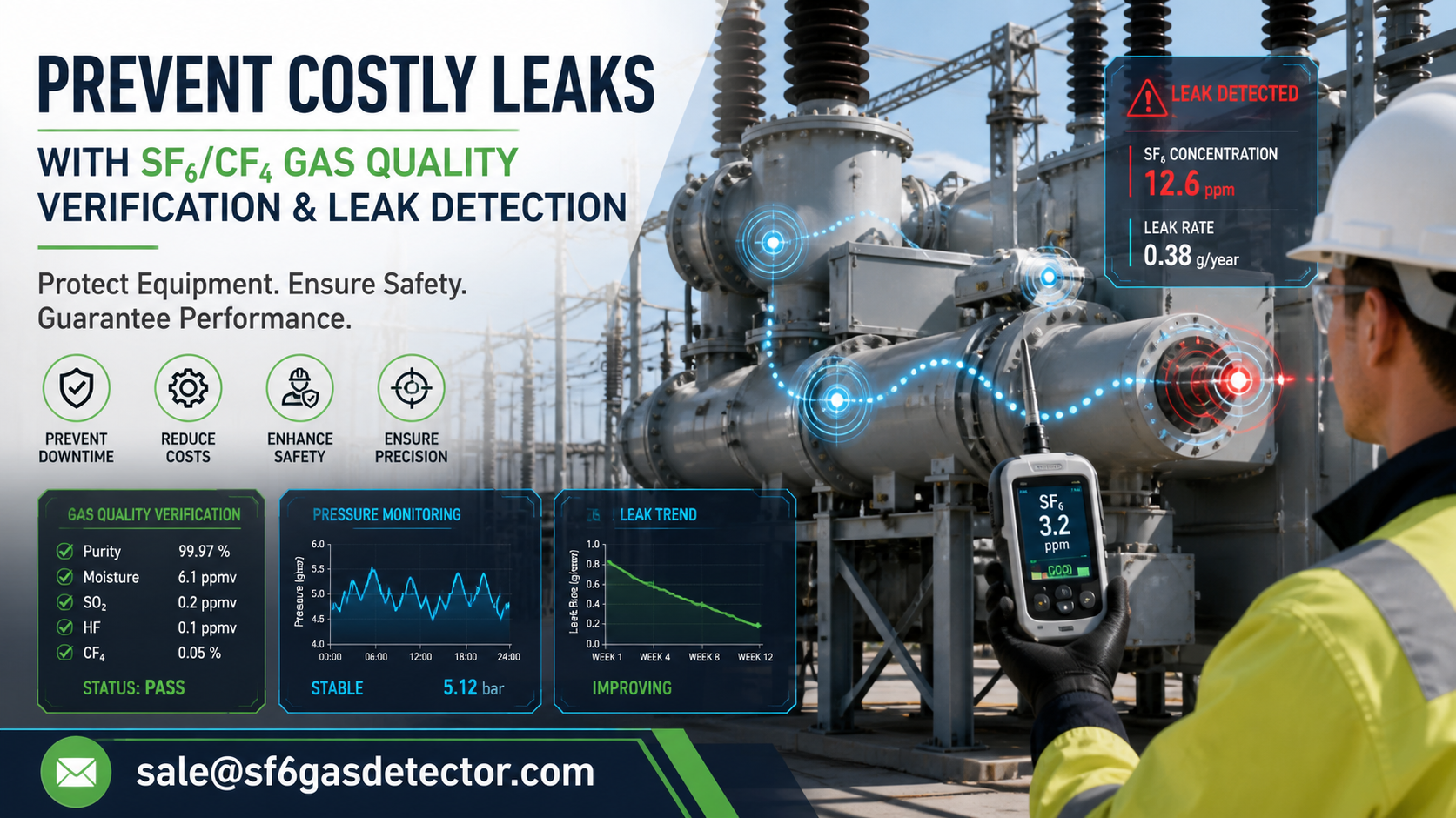 SF6 gas analyzer and leak detector used for gas quality verification in industrial equipment