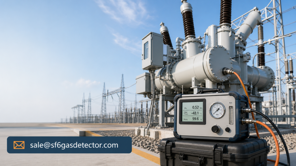 Portable SF6 gas analyser at an electrical substation with transformers and high-voltage power lines