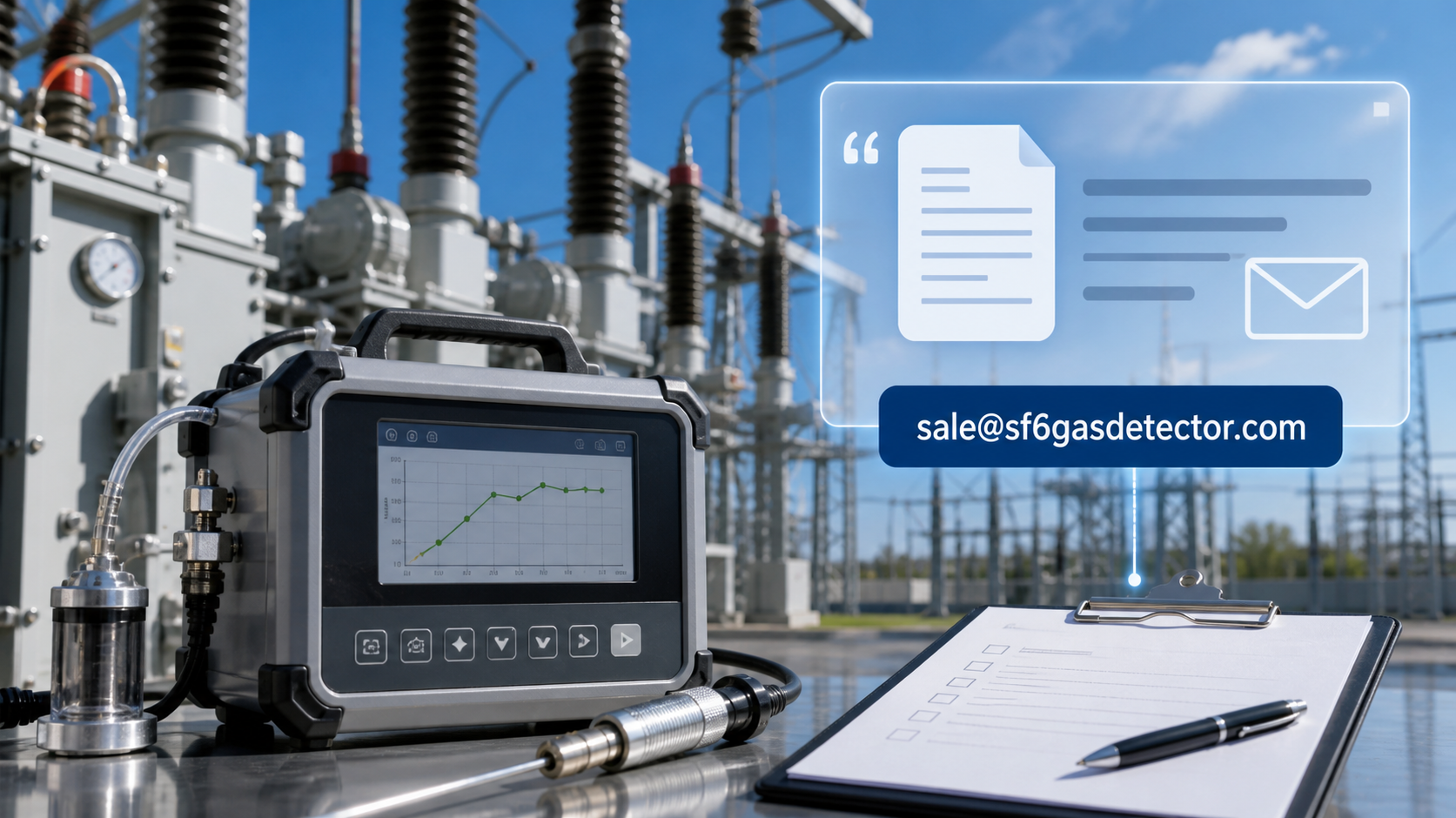 SF6 gas analyser with digital monitoring, contact email and maintenance checklist at a high-voltage substation