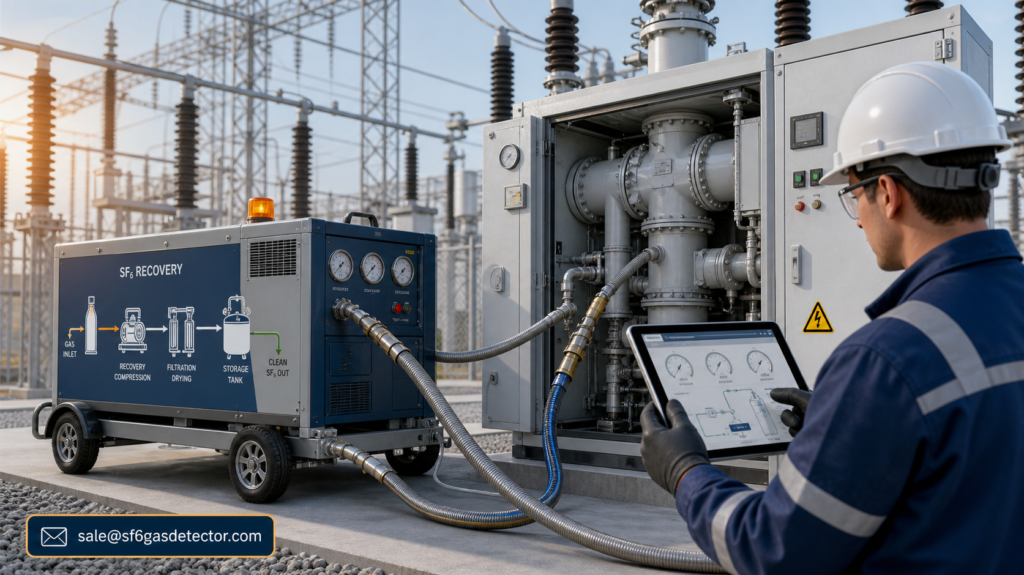 Electrical engineer inspecting high-voltage substation equipment beside a mobile SF6 recovery unit