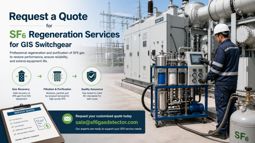 Technician operates SF₆ gas recycling equipment at an industrial GIS switchgear facility.