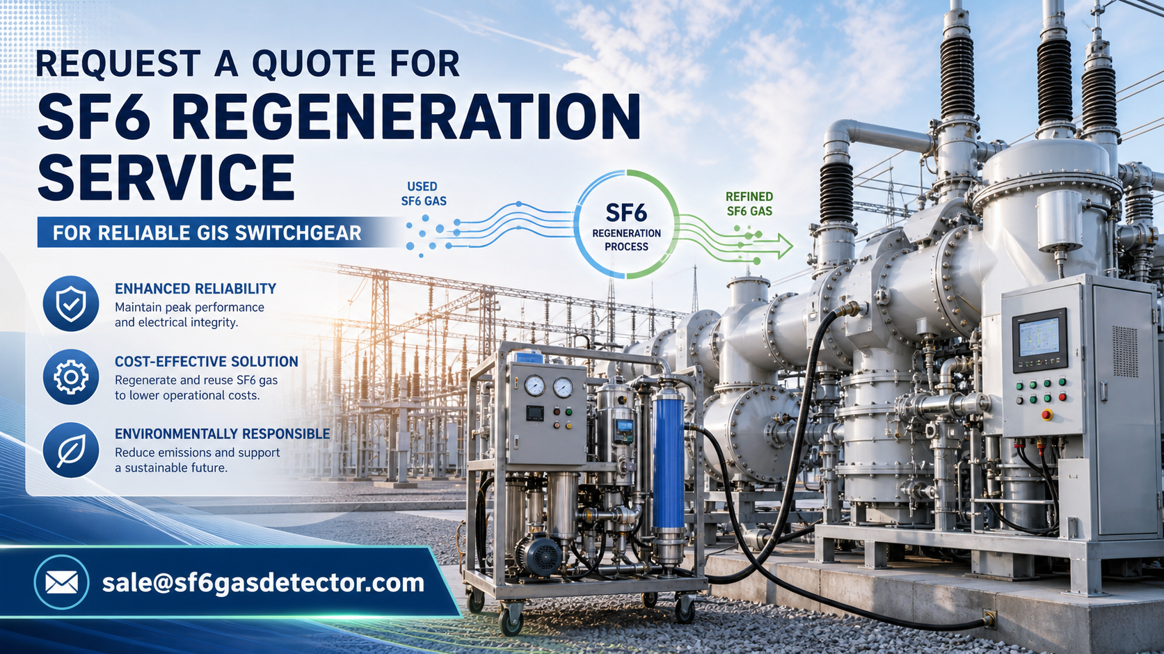 Technician servicing GIS switchgear with SF6 regeneration equipment for industrial quote request
