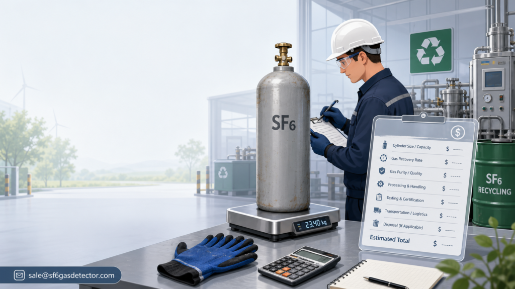 Illustration of SF6 gas cylinders with recycling symbols and cost estimate documents