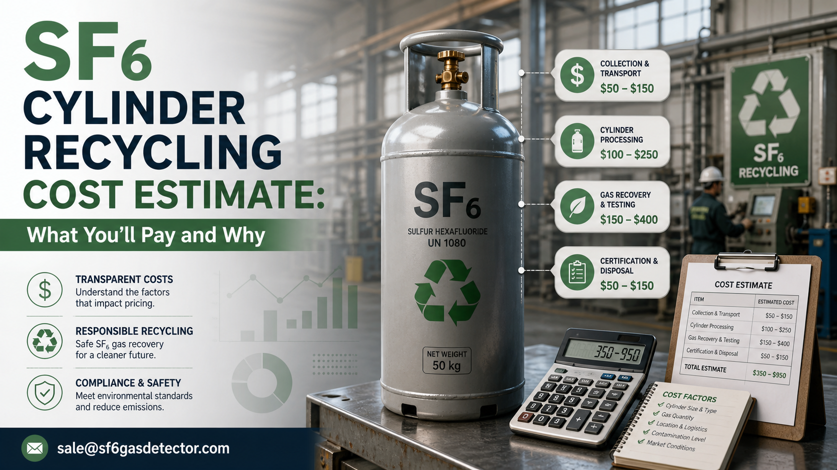Recycled SF6 gas cylinder beside a cost estimate document and calculator