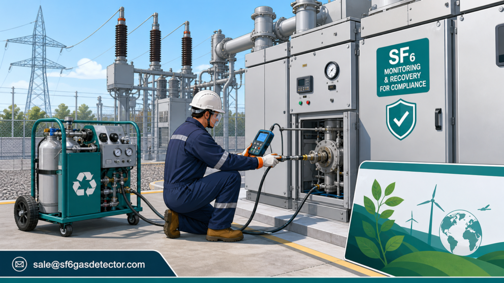 Technician servicing SF6 switchgear at a utility substation to monitor and recover emissions