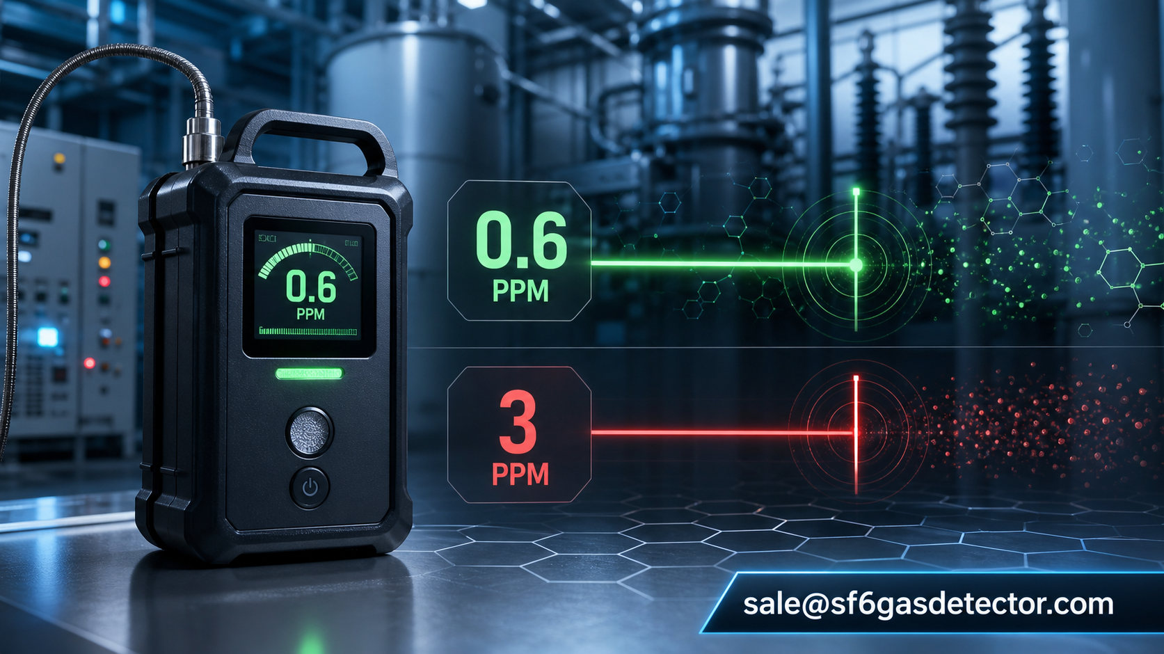 SF6 gas detector comparing a 0.6 PPM detection limit with a less sensitive 3 PPM threshold