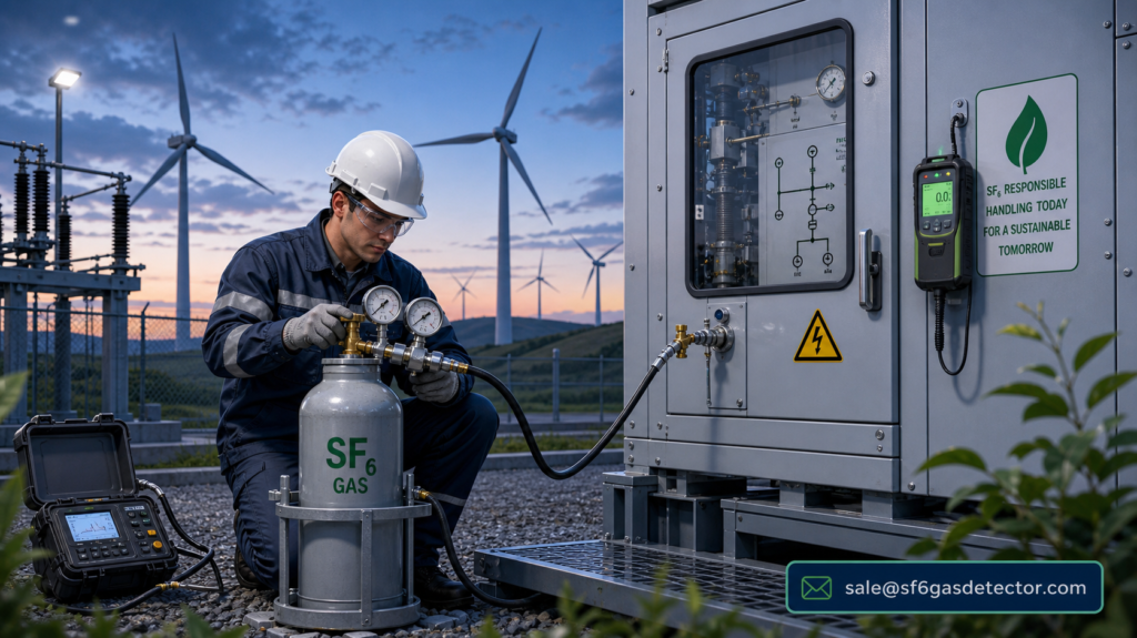 Wind turbines and electrical substation equipment illustrating SF6 gas handling best practices