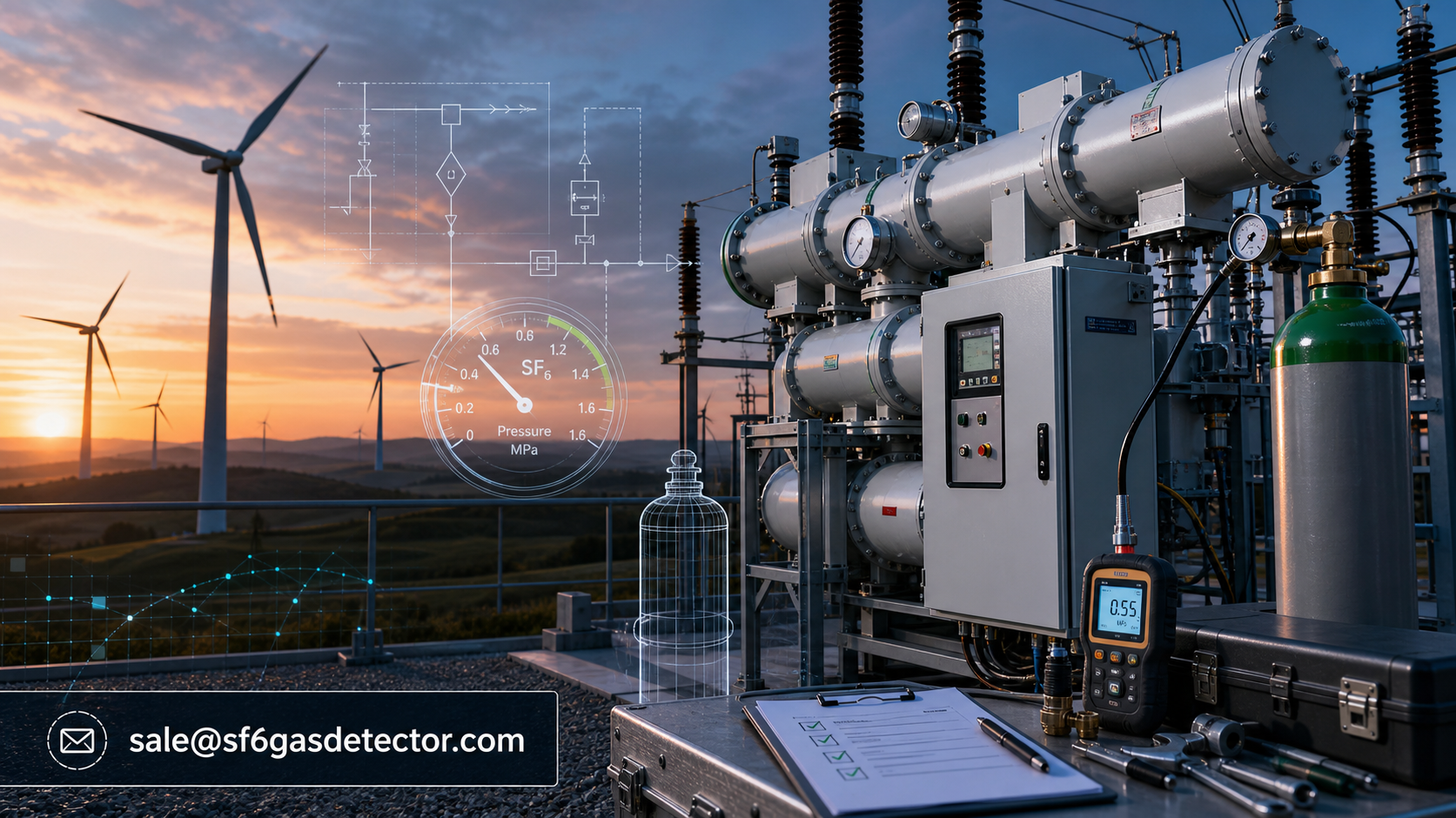 Technician handling SF6 gas equipment at a wind farm electrical substation beneath wind turbines