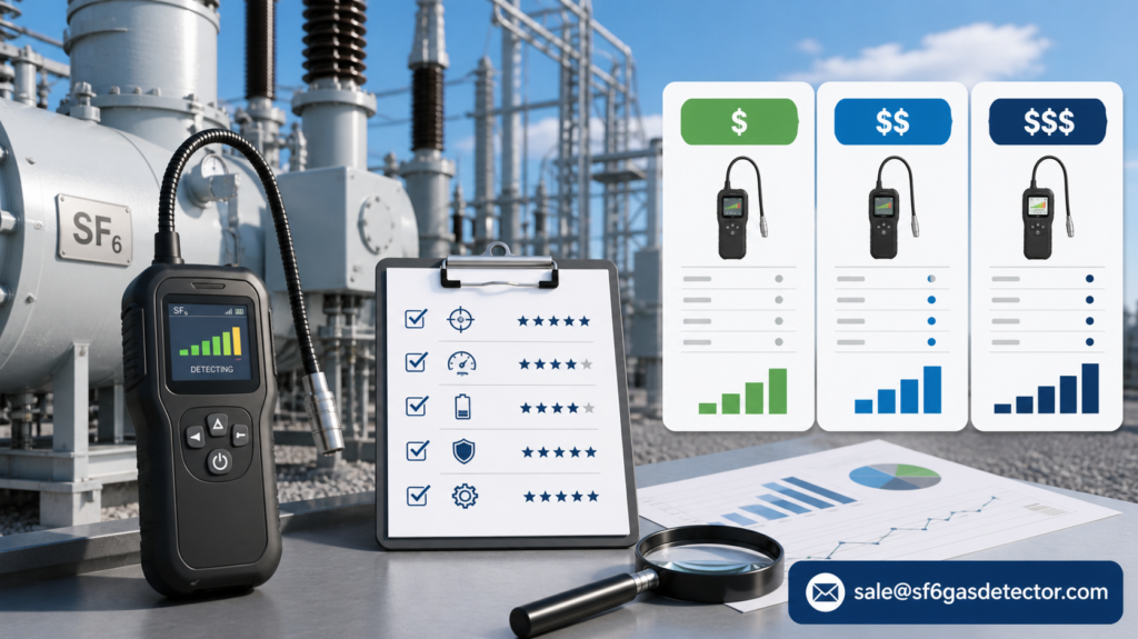 Industrial gas monitoring equipment with digital gauges and pricing comparison charts for SF6 leak detectors