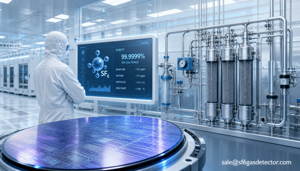 Technician inspects a silicon wafer beside gas filtration equipment in a semiconductor cleanroom