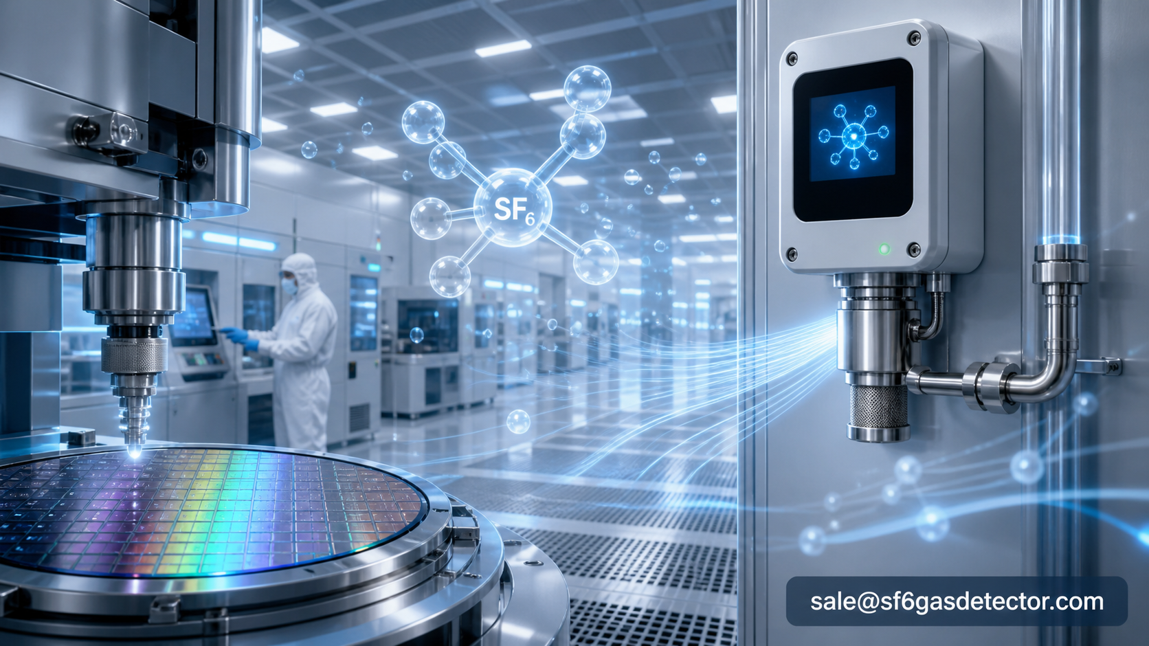 Futuristic semiconductor cleanroom with robotic wafer processing equipment and advanced gas purity sensors