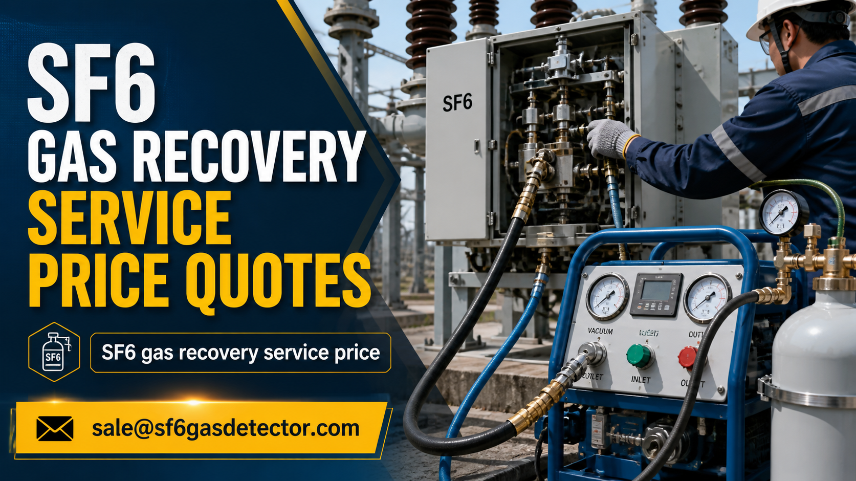 SF6 gas recovery technician servicing a high-voltage circuit breaker with gas handling equipment