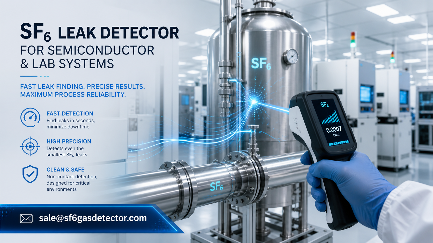 SF6 leak detector checking gas lines in a semiconductor laboratory