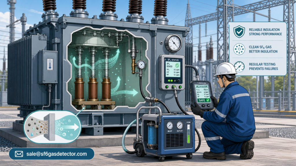Technician tests a high-voltage transformer at a power substation to maintain SF6 insulation.