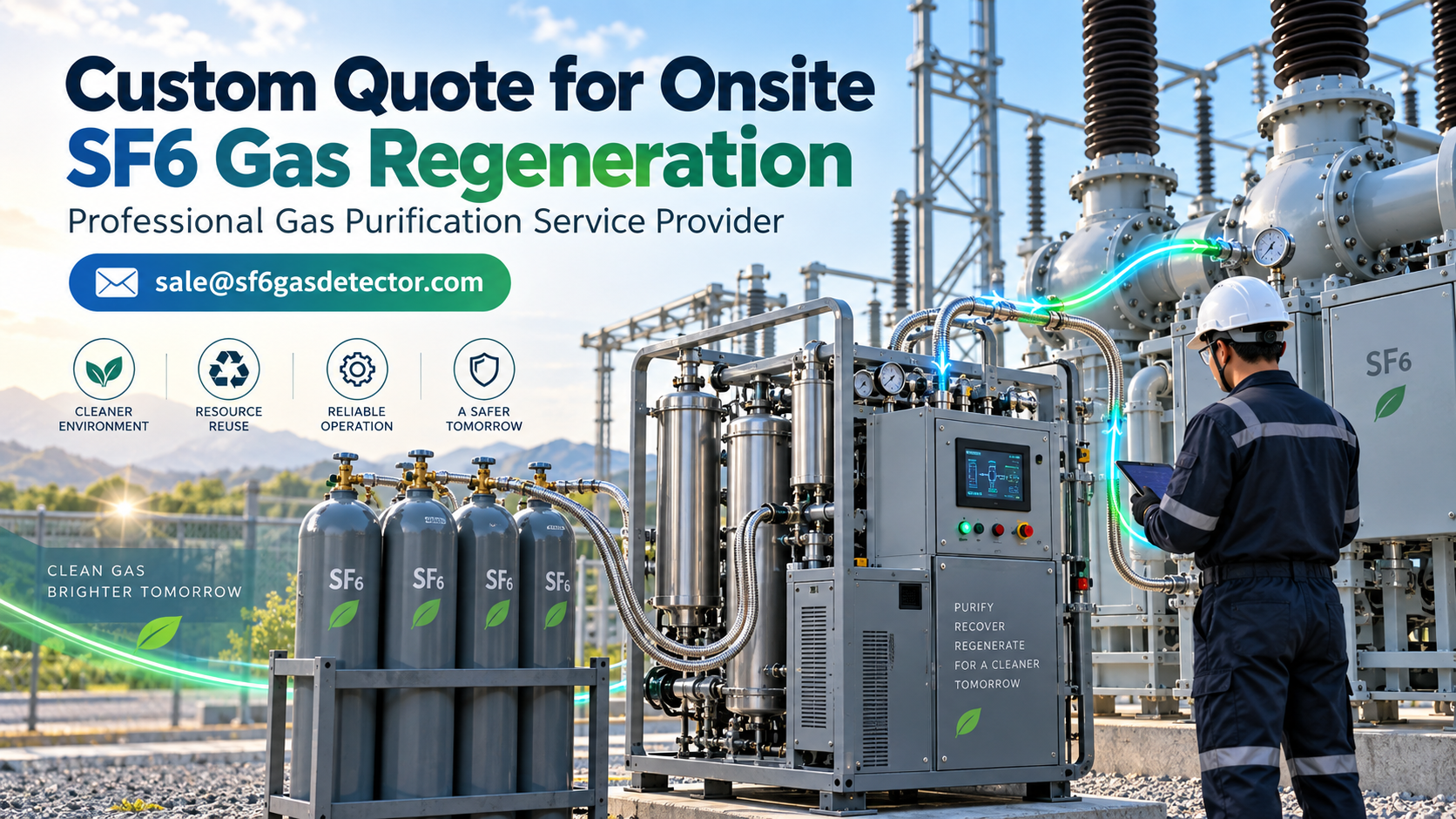 Technician operating onsite SF6 gas regeneration and purification equipment at an industrial facility.